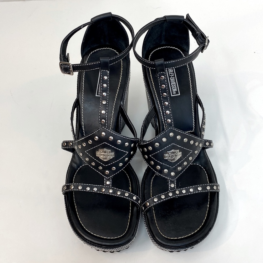Harley-Davidson black Strappy wedge sandals 9 leather